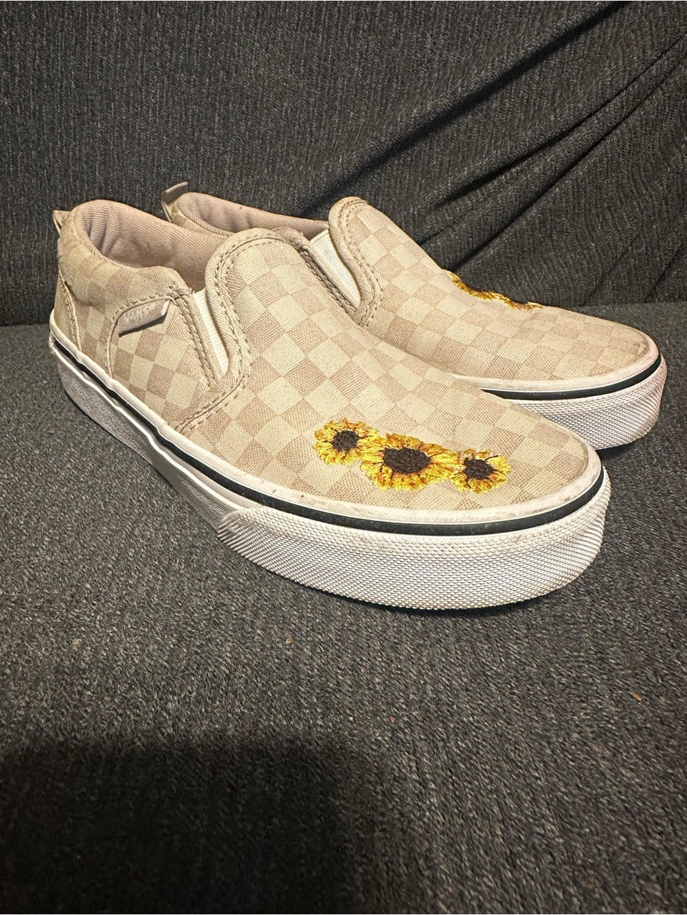 Vans Kids Slip-On Sneakers Beige Checkerboard with Sunflower Embroidery